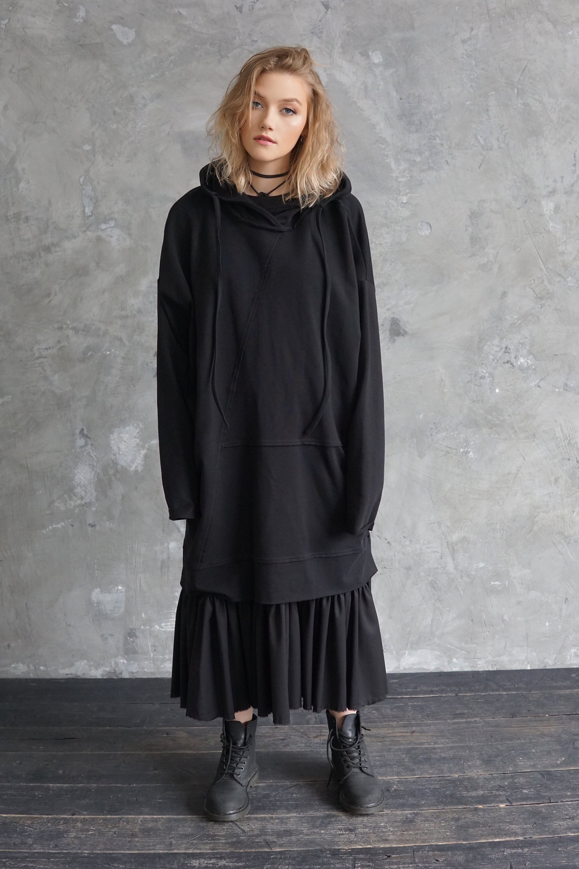 Black Oversized Hoodie | Long Black Sweatshirt | Loose 