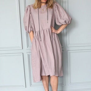 Pink linen dress Boho linen tunic Summer linen dress Midi linen dress Vintage linen dress Romantic linen dress image 7