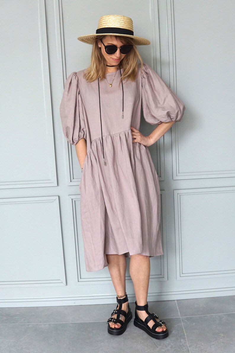 Pink linen dress Boho linen tunic Summer linen dress Midi linen dress Vintage linen dress Romantic linen dress image 7