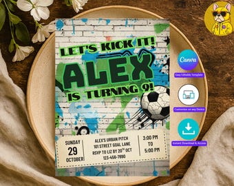 Soccer Editable Birthday Invitation Digital, Soccer Party Invite, Football Birthday Evite, Editable Canva Template, Kick It Birthday Theme