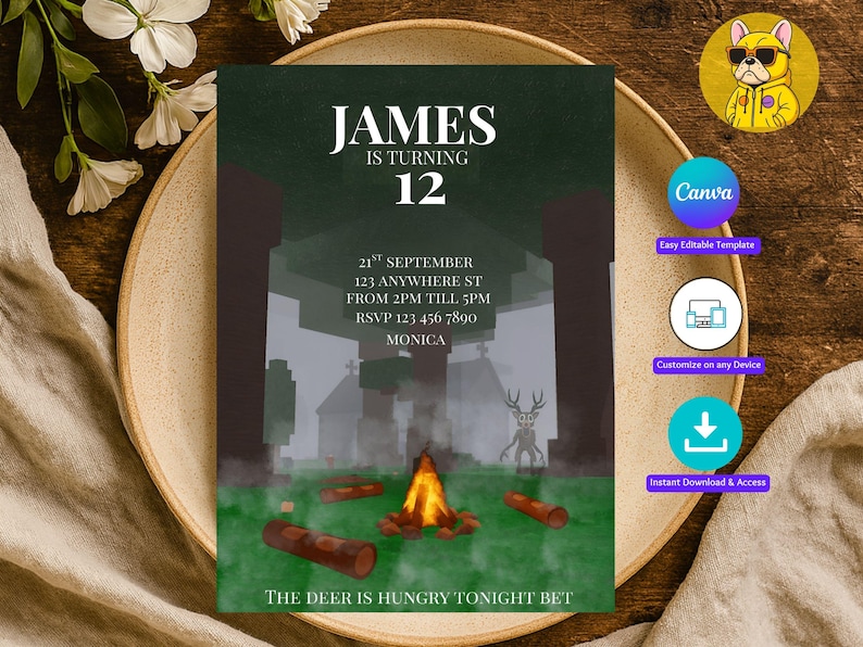 May include: A birthday invitation with the text "JAMES IS TURNING 12" in white on a dark green background. The invitation features a campfire scene with a deer and the text "THE DEER IS HUNGRY TONIGHT BET".