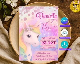 Editable Unicorn Birthday Invitation I Rainbox Pastel Party Invite I Instant Download I Girls Party Template