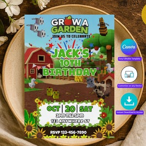 Grow A Garden Roblox Birthday Invitation I GAG I Editable Canva Template I Roblox Invite for Boys and Girls I Digital Party Invite