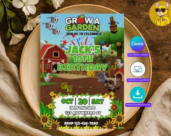 Wachsen Sie einen Garten Roblox Geburtstagseinladung I GAG I Bearbeitbare Canva-Vorlage I Roblox Einladen für Jungen- und Mädchen I Digitale Party einladen