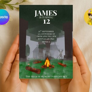 May include: Birthday invitation with the text "JAMES IS TURNING 12". The invitation features a campfire scene with a deer-like creature and the text "THE DEER IS HUNGRY TONIGHT BET". Additional text includes the date, time, and RSVP information.