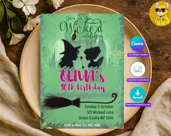 Birthday Party Invite Wicked party invitation, Wicked inspired Movie Musical, Elphaba & Glinda Theme, Movie party, Canva Editable