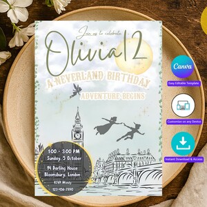 Editable Magical Peter Pan Birthday Invitation | Neverland Party Invite | Personalised Invitation I Neverland Theme Party