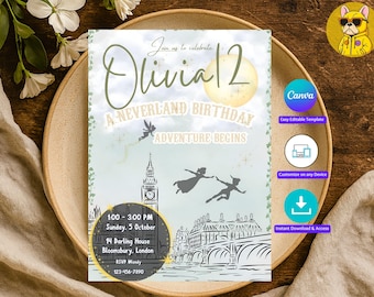 Editable Magical Peter Pan Birthday Invitation | Neverland Party Invite | Personalised Invitation I Neverland Theme Party
