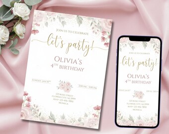 Editable Pink Floral Birthday Invitation | Girls Birthday Invite Template | Blush Rose Gold Printable & Mobile Evite | Instant Download