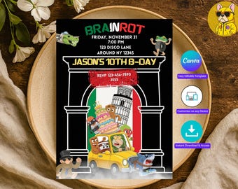 Italian Brainrot Birthday Invitation | Funny Meme Party Invite | Editable Canva Template | Boys 10th Birthday Printable