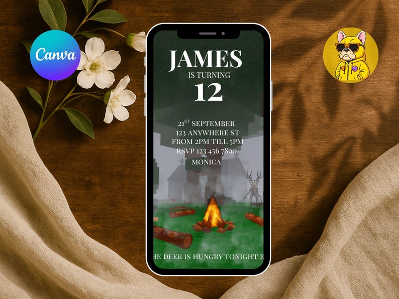 May include: A smartphone displays a birthday invitation with the text "JAMES IS TURNING 12". The invitation includes event details: date, time, and RSVP information. A campfire scene is depicted on the invitation. The phone rests on a wooden surface.