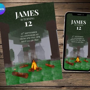 May include: An invitation design featuring the text "JAMES IS TURNING 12" with event details. The design includes a campfire scene with logs and a stylized forest background. The invitation is displayed on paper and a smartphone.