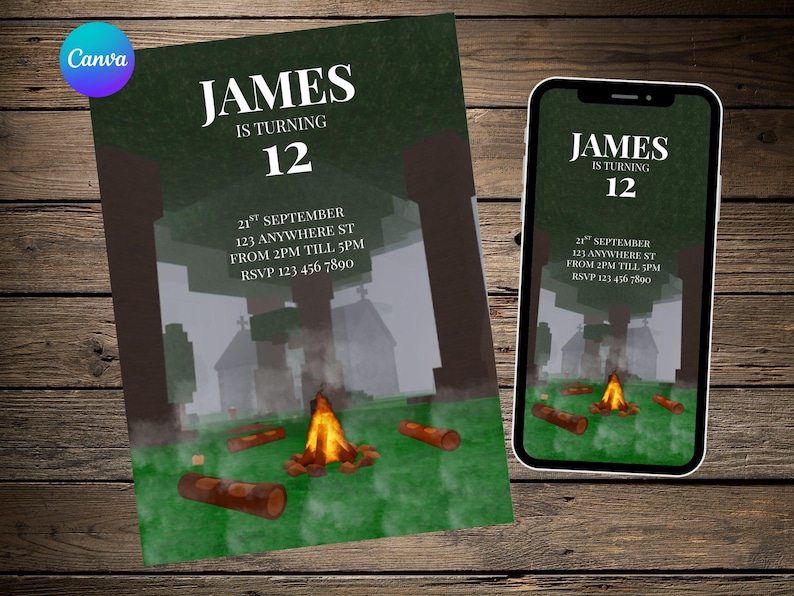 May include: An invitation design featuring the text "JAMES IS TURNING 12" with event details. The design includes a campfire scene with logs and a stylized forest background. The invitation is displayed on paper and a smartphone.