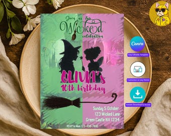 Wicked Birthday Party Invite Wicked party invitation, Wicked inspired Movie Musical, Elphaba & Glinda Theme, Movie party, Canva Editable