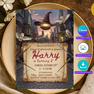 Editable Wizards and Witches Birthday Invitation, Magical School Wizardry Birthday Party Invitation, Personalised  Canva Invite Template