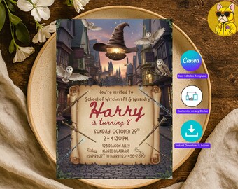 Editable Wizards and Witches Birthday Invitation, Magical School Wizardry Birthday Party Invitation, Personalised  Canva Invite Template