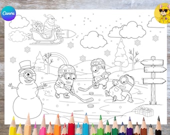 Minions Winter Hockey Fun Activity Placemat - Minion Printable Coloring Sheet - Despicable Me Party Favor & Kids Activity I Minion Theme