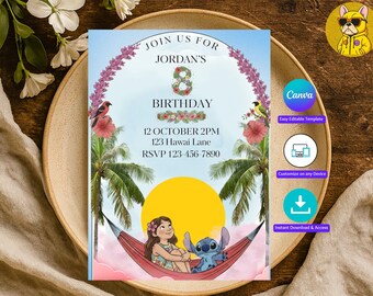 Editable Lilo Stitch Birthday Party Invitation Template, Cartoon Birthday Invitation, Stitch Birthday Pool Party, Stitch Bday evite