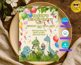 Dinosaur Printable Birthday Invitation, Editable Three Rex Birthday Invite, Boys Third Birthday Dino Party I Instand Download I last minute
