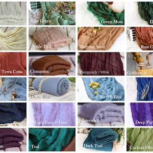 May include: A collage of 24 fabric swatches in various colors, including pastel green, sage green, green moss, dark green, pale yellow, nude pink, burning sand, rust orange, terra cotta, cinnamon, burgundy/wine, goldenrod, light blue, dusty blue, navy blue, lavender, light French lilac, Italian plum, teal, French blue, royal blue, deep purple, dark teal, and cocktail olive.