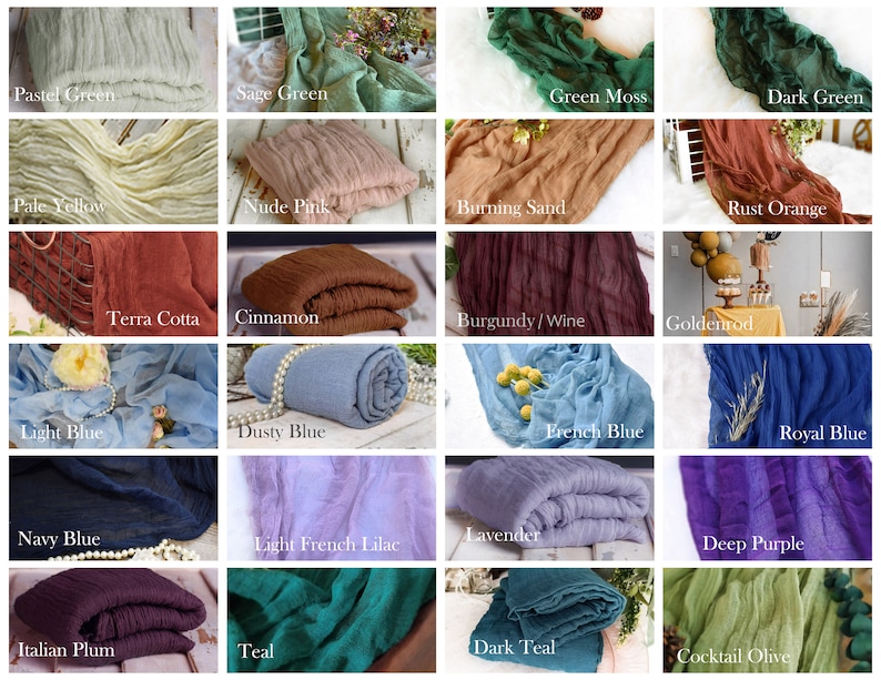 May include: A collage of 24 fabric swatches in various colors, including pastel green, sage green, green moss, dark green, pale yellow, nude pink, burning sand, rust orange, terra cotta, cinnamon, burgundy/wine, goldenrod, light blue, dusty blue, navy blue, lavender, light French lilac, Italian plum, teal, French blue, royal blue, deep purple, dark teal, and cocktail olive.