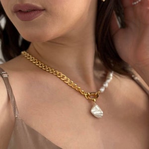 Half pearl half chunky gold chain, Natural pearl necklace, Large chain necklace, Statement necklace, gift for mom