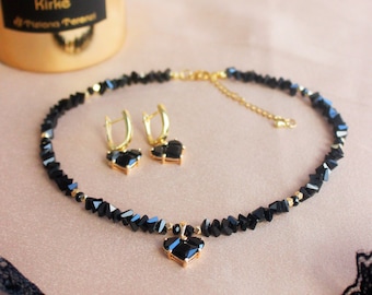Black Wedding Necklace Earrinigs Set Gothic Crystal Choker Heart pendant jewelry