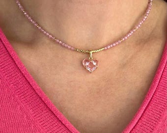Tiny Pink Crystal Heart Necklace, Rose Genuine Gemstone Beaded Choker, Sparkling Dainty Coquette Jewelry