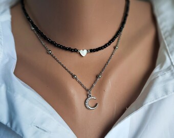 Layered necklace, black spinel necklace, moon pendant necklace, pearl heart choker, gemstone necklace, gothic wedding, birthday gift