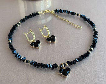 Black Gothic Necklace with heart pedant, Black Crystal Choker, Black Bridal jewelry, Black Wedding Necklace