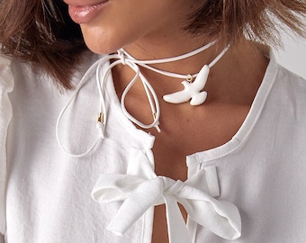 White bird cord choker, ceramic turtledove pendant necklace, adjustable rope necklace, Ukrainian jewelry