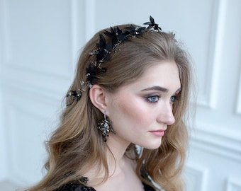 Gothic Flower Crown, Black Hair Vine, Black Hair Piece, Black Wedding Headpiece, Black Headband, Black Tiara