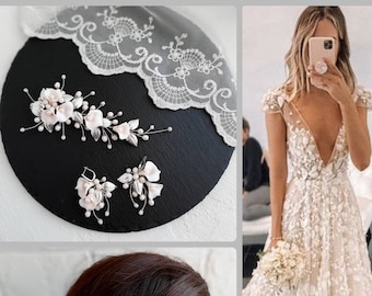 Bridal Flower Hair Piece and Earrings, Ivory Floral Hairpiece, Wedding Flower Headpiece, Clay flower hair vine, calla lilies