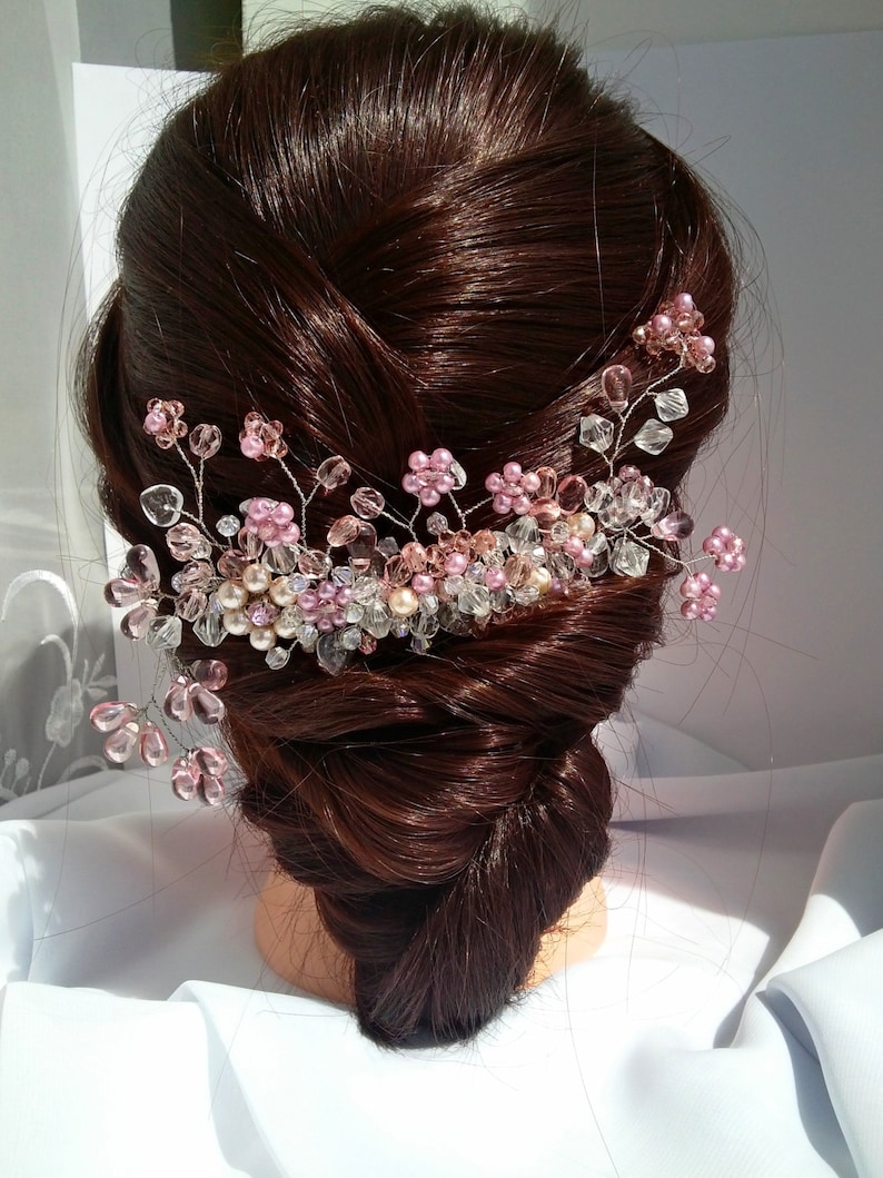 Bridal Flower Vine Exclusive Headband Hair Piece for Bride Bridal Rose Headpiece Hair Pink Comb Wedding Crystal Comb Bridal Floral Comb