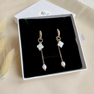 Dangle natural pearl clover earrings, four leaf gold earrings, unique jewelry, Christmas gift for wife, gift for mom
