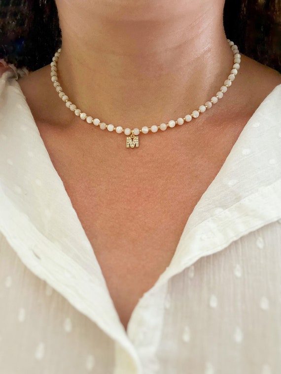 Personalized Mother of Pearl Initial Choker Beaded White Letter Necklace Customized Jewelry Unique Birthday Gift for Her Etsy