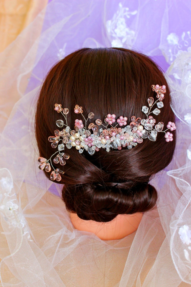 Bridal Flower Vine Exclusive Headband Hair Piece for Bride Bridal Rose Headpiece Hair Pink Comb Wedding Crystal Comb Bridal Floral Comb