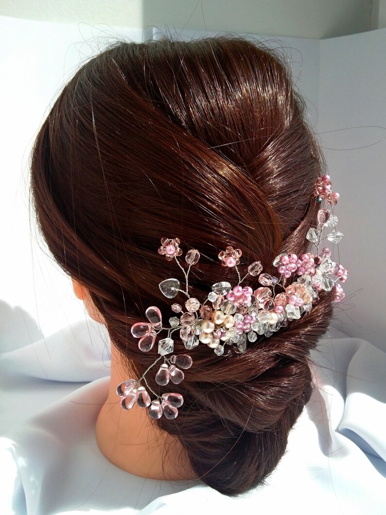 Bridal Flower Vine Exclusive Headband Hair Piece for Bride Bridal Rose Headpiece Hair Pink Comb Wedding Crystal Comb Bridal Floral Comb