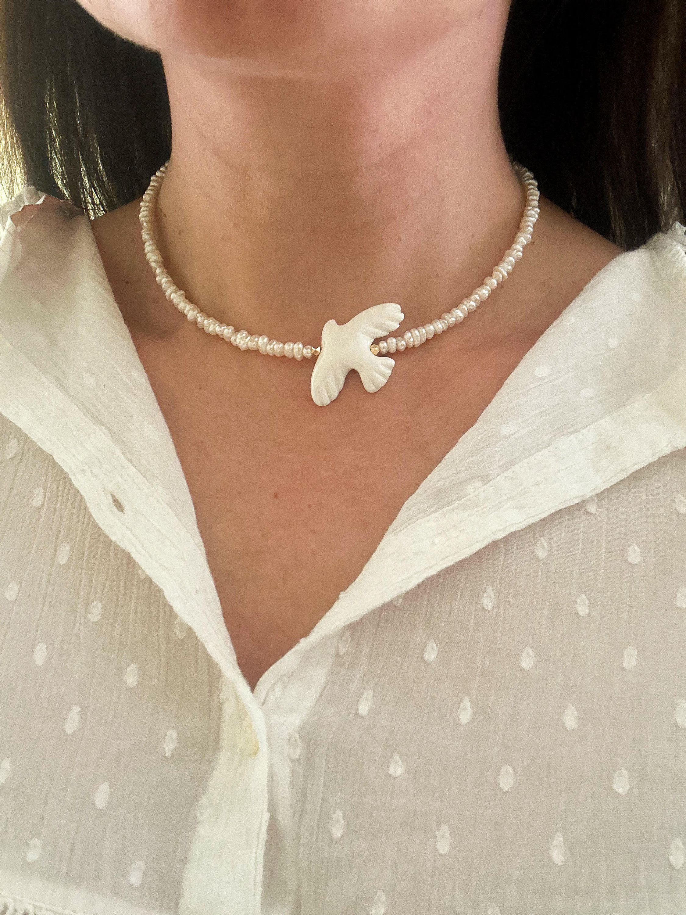 Flying Dove Bird Necklace, White Dove Necklace, Freshwater Pearl