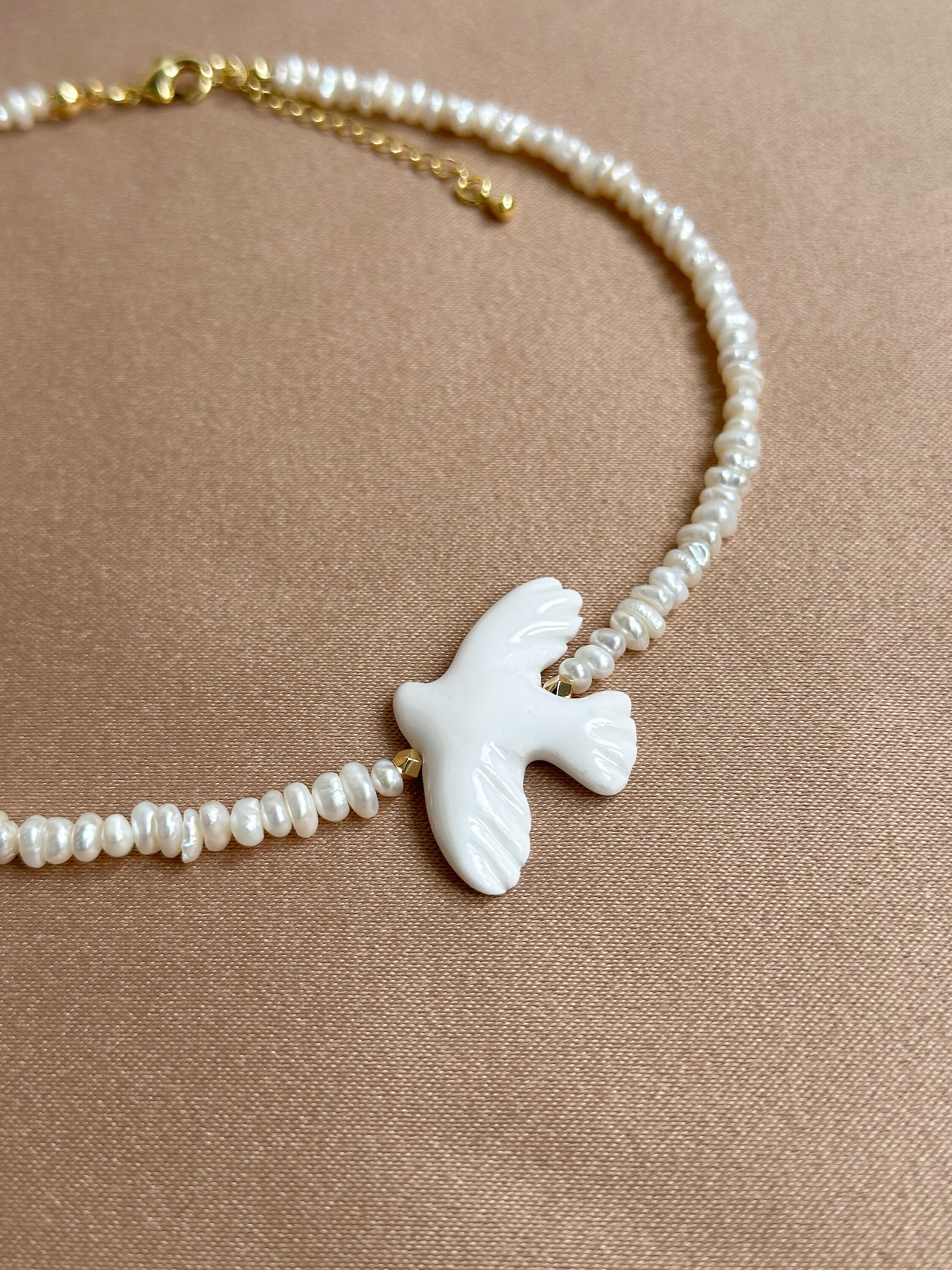 Flying Dove Bird Necklace, White Dove Necklace, Freshwater Pearl