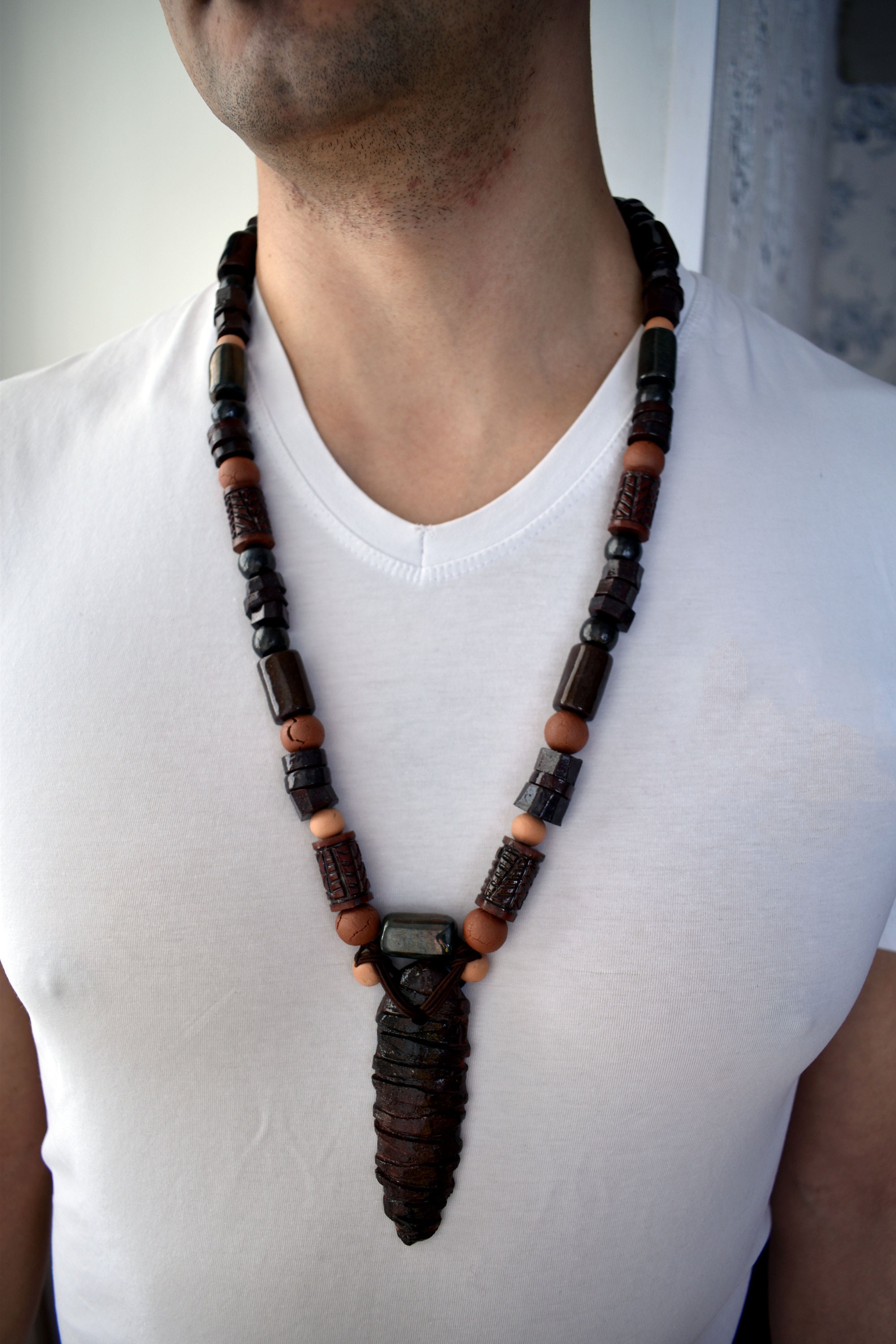 Mens tribal necklace Mens beaded necklace long African | Etsy