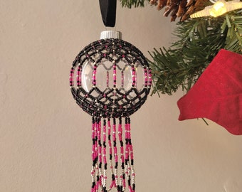 Beaded Glass Ornament (2.5 inch bauble) hot pink, silver, and black tree ornament