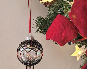 Beaded Iridescent Glass Ornament (2.5 inch bauble) red,gold, and black tree ornament