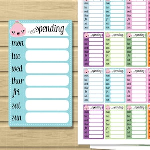 Kawaii Spending Weekly tracker For your life planner sidebar. Functional Print and cut Stickers.