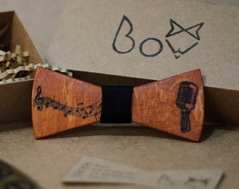 The musical notes and microphone laser cut  bow tie for man, gift for musician, music bow tie, wooden accessories