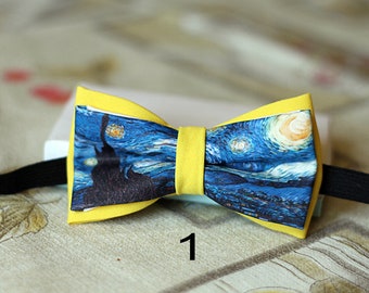 van gogh painting art bow tie, made in armenia, armenian bow tie, man's bowtie, starry night bow tie, bow-x, for artists, drawing