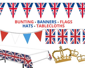 Union Jack, Red, White and Blue & Royal Bunting, Banners, Flags, Hats - Party Decorations