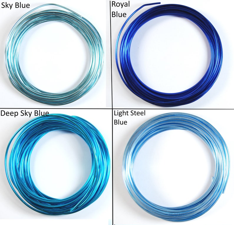 May include: Four spools of wire in different shades of blue. The spools are labeled "Sky Blue", "Royal Blue", "Deep Sky Blue", and "Light Steel Blue".