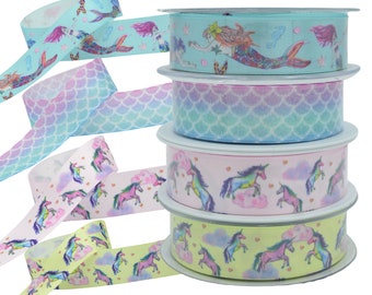 Mermaids and Unicorns Ribbon - Grosgrain & Satin - Event Decor, Taarten, Verjaardagsgeschenken, Kinderknutsels, Boeketten