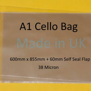 A1 Cello Bag - 600mm x 855mm + 60mm Self Seal Lip Clear Cello Display Bags - 38 Micron